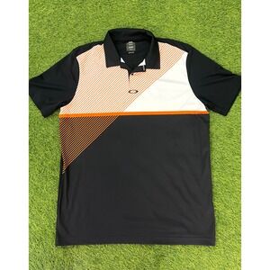 Oakley Mens Regular Fit Colorblock Stripe Golf Polo Shirt Black Orange XL